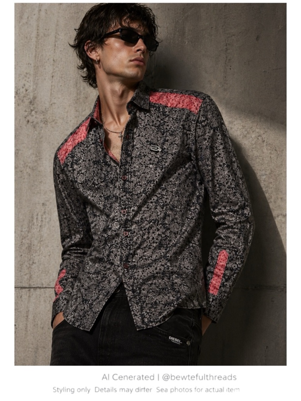 Y2K Diesel Abstract Graphic Shirt Red Accent Button Up Streetwear L